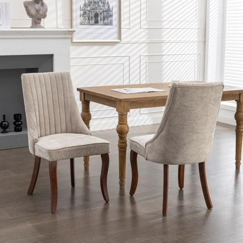 Upholstered Velvet Dining Chairs Set of 2 | High Back Channel Accent Chair with Curved Rubberwood Legs & Triple Elastic Cushion, Beige