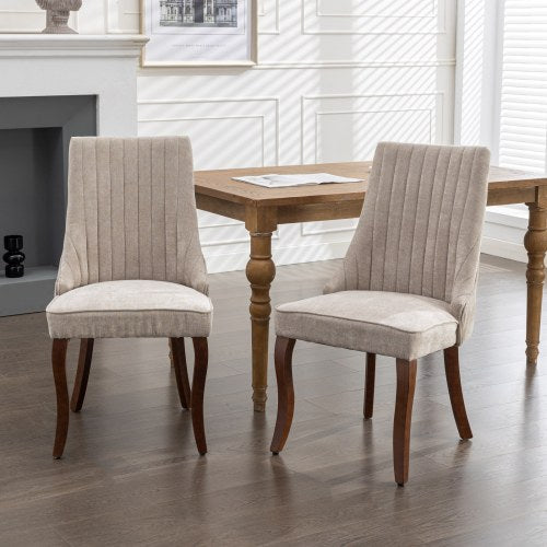 Upholstered Velvet Dining Chairs Set of 2 | High Back Channel Accent Chair with Curved Rubberwood Legs & Triple Elastic Cushion, Beige