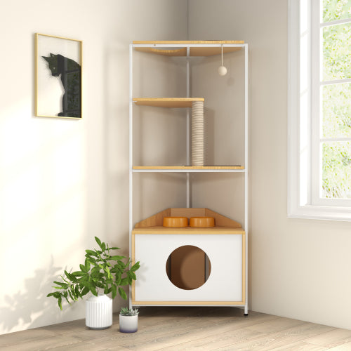 Corner cat tower full view with scratching post feeding station and climbing platforms