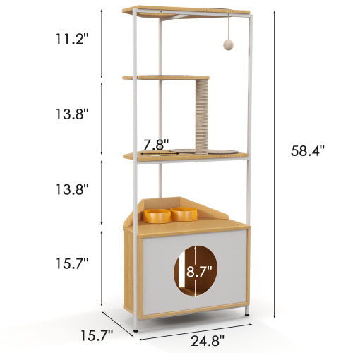 Corner cat tree lifestyle shot in modern living room with light oak and white finish