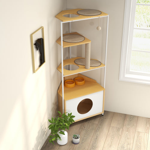 Corner cat condo front view showing cat cabinet feeding bowls and multi-level platforms