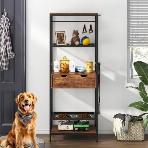 Dog Feeding Station with 3 Height Adjustable Raised Bowls | Storage Shelves, Drawer & Hooks | Furniture-Style Pet Feeder for Large Medium Dogs & Cats | Black + Vintage