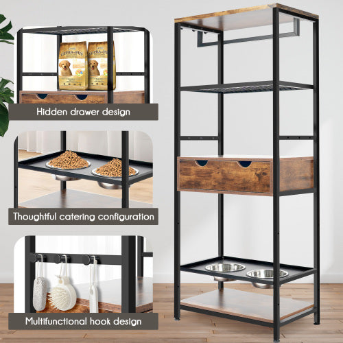 Dog Feeding Station with 3 Height Adjustable Raised Bowls | Storage Shelves, Drawer & Hooks | Furniture-Style Pet Feeder for Large Medium Dogs & Cats | Black + Vintage