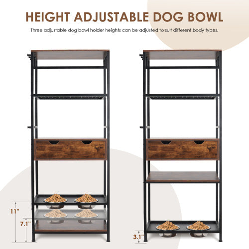 Dog Feeding Station with 3 Height Adjustable Raised Bowls | Storage Shelves, Drawer & Hooks | Furniture-Style Pet Feeder for Large Medium Dogs & Cats | Black + Vintage