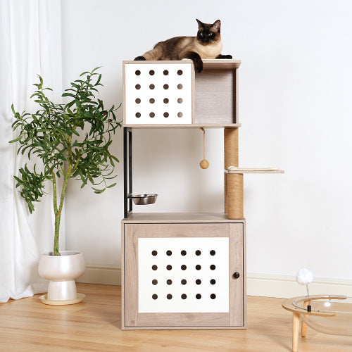 Cat Tree with Litter Box Enclosure | 65" Modern Cat Condo with Scratching Posts, Super Large Hammock, Feeding Bowl & Pompom Toys | 3-in-1 Space-Saving Design | White & Gray