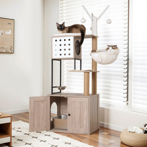 65 inch cat tree with litter box enclosure full view white and gray modern design