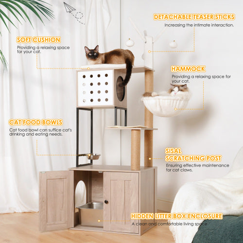 Cat tree feature callout diagram showing hammock scratching post feeding bowl and litter enclosure