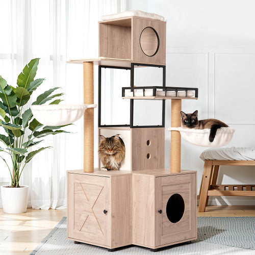 Cat Tree with Litter Box Enclosure | 65" Modern Cat Condo with Scratching Posts, Super Large Hammock, Feeding Bowl & Pompom Toys | 3-in-1 Space-Saving Design | White & Gray
