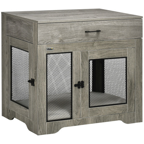 Dog Crate Furniture with Cushion & Drawer | Indoor Puppy Kennel End Table for Small Dogs, Grey