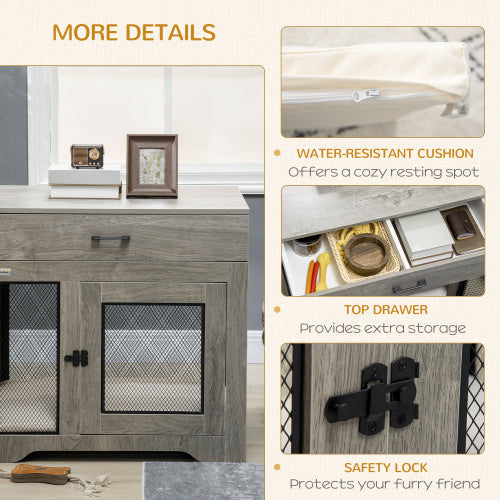 Dog Crate Furniture with Cushion & Drawer | Indoor Puppy Kennel End Table for Small Dogs, Grey