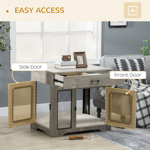 Dog Crate Furniture with Cushion & Drawer | Indoor Puppy Kennel End Table for Small Dogs, Grey