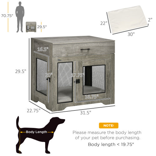Dog Crate Furniture with Cushion & Drawer | Indoor Puppy Kennel End Table for Small Dogs, Grey