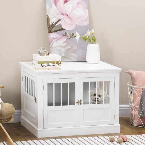 Dog Crate End Table with Triple Magnetic Doors | Wooden Indoor Puppy Kennel for Small Dogs, White