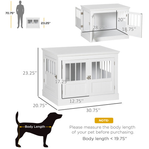 Dog Crate End Table with Triple Magnetic Doors | Wooden Indoor Puppy Kennel for Small Dogs, White