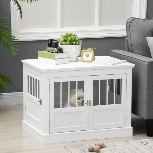 Dog Crate End Table with Triple Magnetic Doors | Wooden Indoor Puppy Kennel for Small Dogs, White