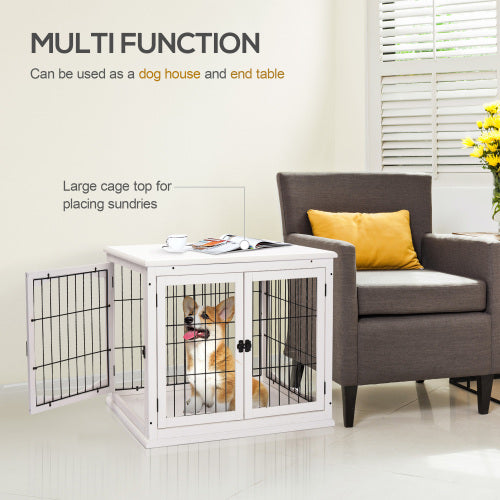 Dog Crate Furniture with French Doors & Arched Windows | Indoor Puppy Kennel End Table for Small Dogs, Pure White