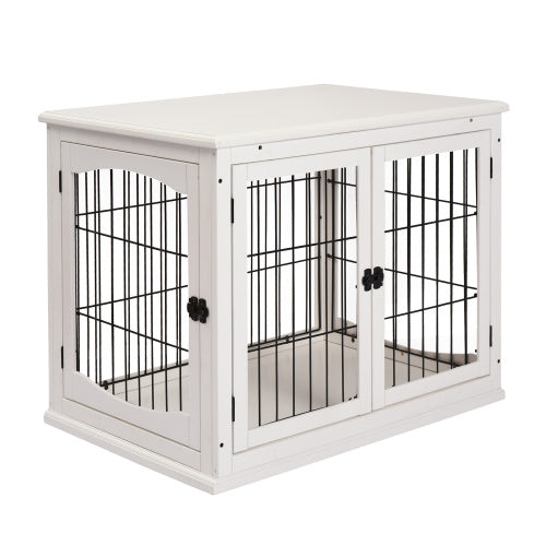 Dog Crate Furniture with French Doors & Arched Windows | Indoor Puppy Kennel End Table for Small Dogs, Pure White