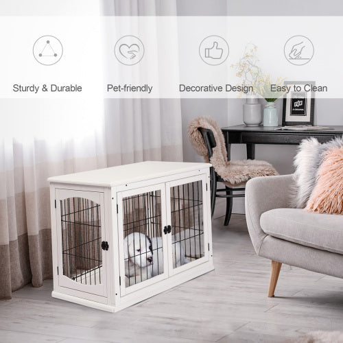 Dog Crate Furniture with French Doors & Arched Windows | Indoor Puppy Kennel End Table for Small Dogs, Pure White