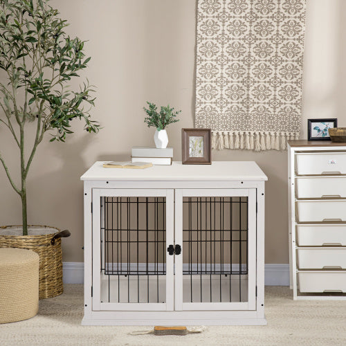 Dog Crate Furniture with French Doors & Arched Windows | Indoor Puppy Kennel End Table for Small Dogs, Pure White