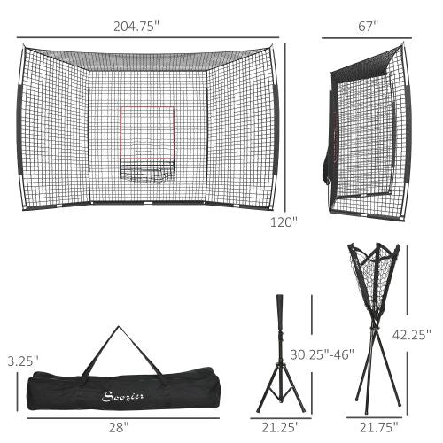 Soozier Baseball Net - Full Dimensions 204.75x67x120 inches with Tee and Caddy