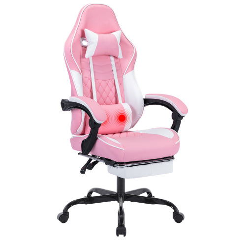 Pink ergonomic gaming chair with massage lumbar support and footrest