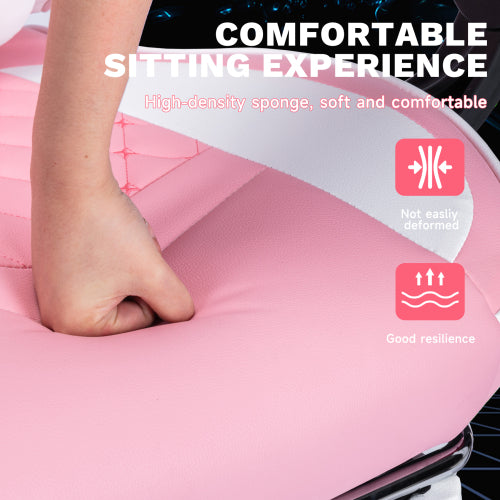Pink gaming chair full view with footrest extended