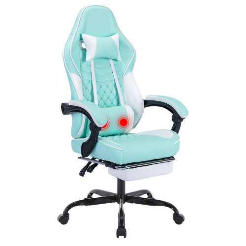Green ergonomic gaming chair with massage lumbar and footrest