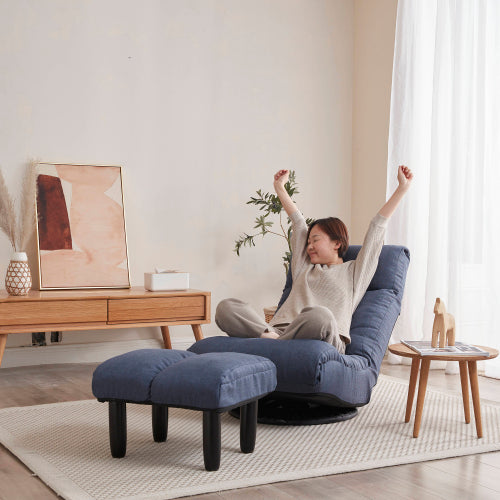 Japanese Floor Reclining Chair | 14-Level Adjustable Back, 360° Swivel Base & Spring Seat | Folding Tatami Lazy Sofa for Living Room & Bedroom, Navy