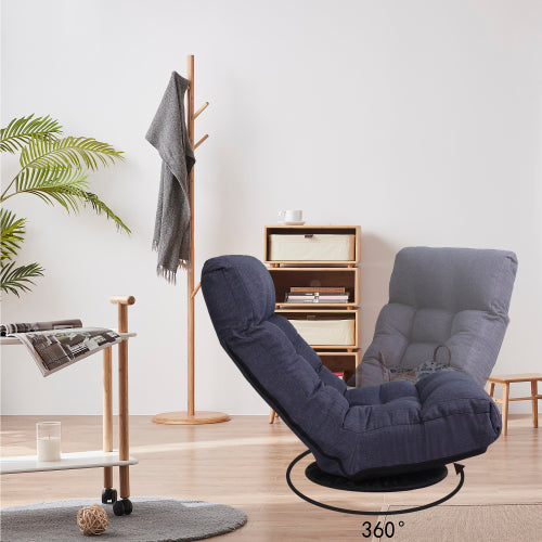 Japanese Floor Reclining Chair | 14-Level Adjustable Back, 360° Swivel Base & Spring Seat | Folding Tatami Lazy Sofa for Living Room & Bedroom, Navy
