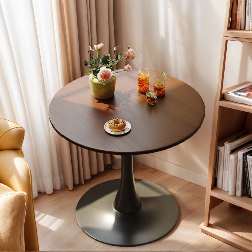 Modern Round Dining Table - Walnut Wood Top with Black Pedestal Base | Mid-Century Tulip Style Kitchen Table