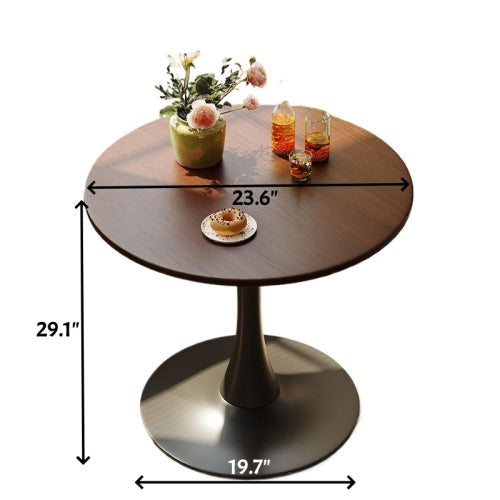 Modern Round Dining Table - Walnut Wood Top with Black Pedestal Base | Mid-Century Tulip Style Kitchen Table