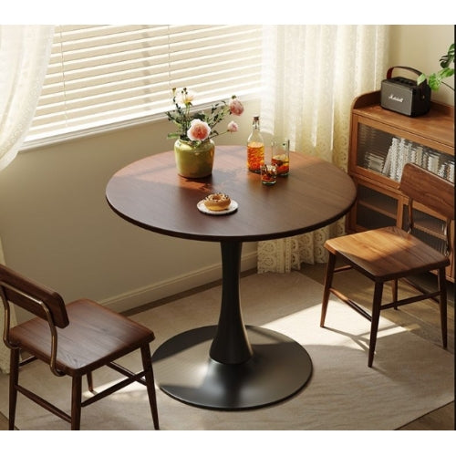 Modern Round Dining Table - Walnut Wood Top with Black Pedestal Base | Mid-Century Tulip Style Kitchen Table
