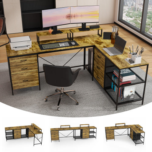 L-Shaped Computer Desk with Power Outlets & USB-C - 114" Industrial Corner Desk with Storage Drawers