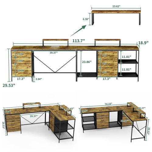 L-Shaped Computer Desk with Power Outlets & USB-C - 114" Industrial Corner Desk with Storage Drawers