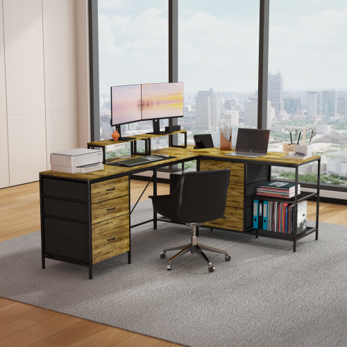 L-Shaped Computer Desk with Power Outlets & USB-C - 114" Industrial Corner Desk with Storage Drawers