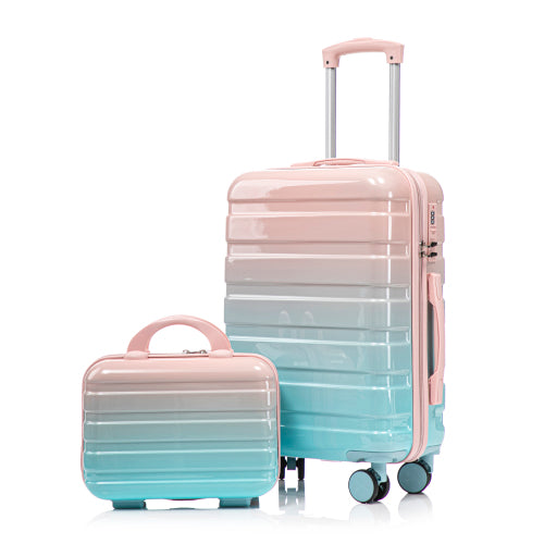 14"/20" 2 pcs/set in PC Spinner Wheel Luggage, Carry on Suitcase, With Gradient Color and Combination Lock(Blue+Red)