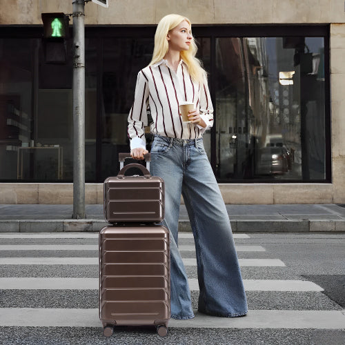 2-Piece ABS Spinner Luggage Set with Cosmetic Case & Combination Lock (Brown)