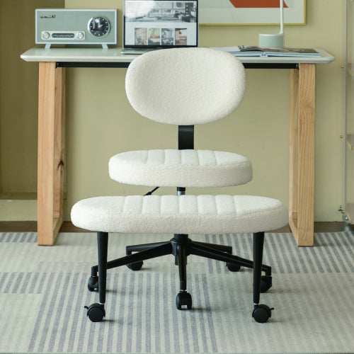 White cross legged ergonomic office chair with back support and rolling base