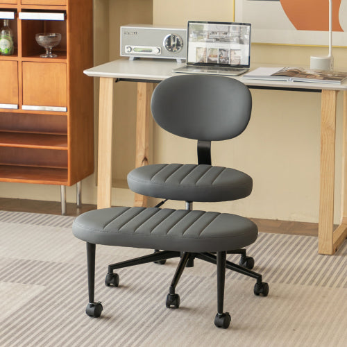 Gray cross legged office chair with lumbar back support and casters