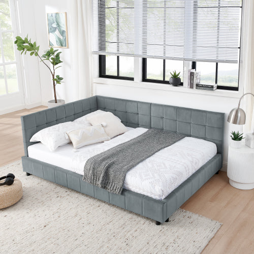 Full Size Upholstered Tufted Bed Frame with Armrests - Velvet Sofa Daybed for Bedroom & Living Room