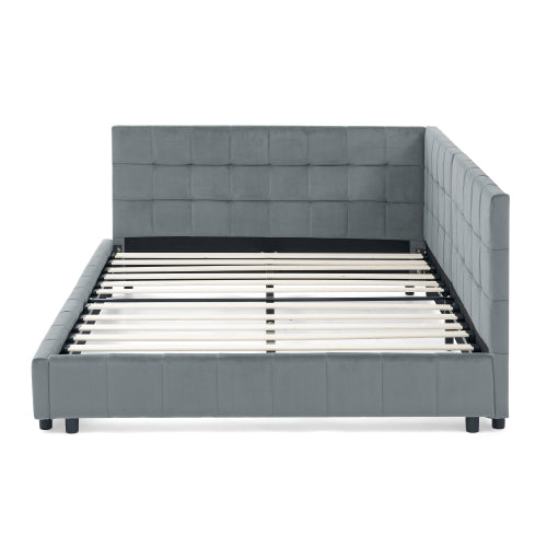 Full Size Upholstered Tufted Bed Frame with Armrests - Velvet Sofa Daybed for Bedroom & Living Room