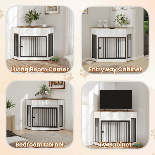 44.6" Corner Dog Crate Furniture with Drawer | Space-Saving White Dog Kennel End Table