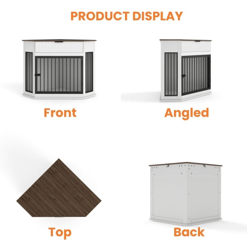 44.6" Corner Dog Crate Furniture with Drawer | Space-Saving White Dog Kennel End Table