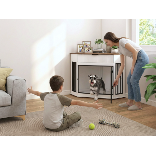 44.6" Corner Dog Crate Furniture with Drawer | Space-Saving White Dog Kennel End Table