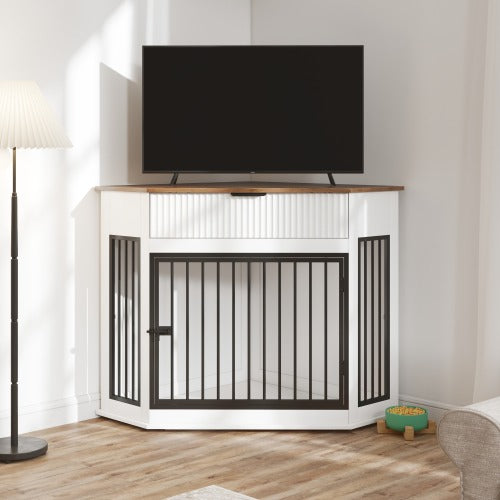 44.6" Corner Dog Crate Furniture with Drawer | Space-Saving White Dog Kennel End Table