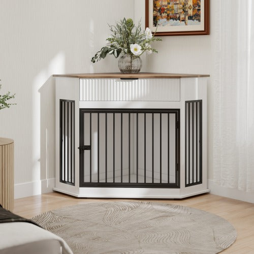 44.6" Corner Dog Crate Furniture with Drawer | Space-Saving White Dog Kennel End Table