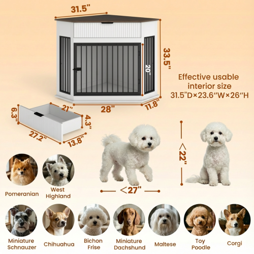 44.6" Corner Dog Crate Furniture with Drawer | Space-Saving White Dog Kennel End Table