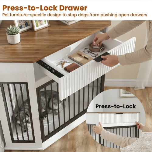 44.6" Corner Dog Crate Furniture with Drawer | Space-Saving White Dog Kennel End Table