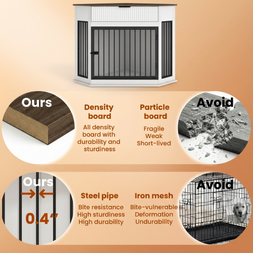 44.6" Corner Dog Crate Furniture with Drawer | Space-Saving White Dog Kennel End Table