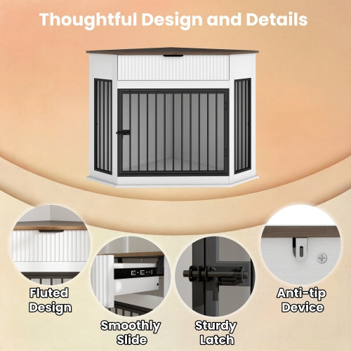 44.6" Corner Dog Crate Furniture with Drawer | Space-Saving White Dog Kennel End Table